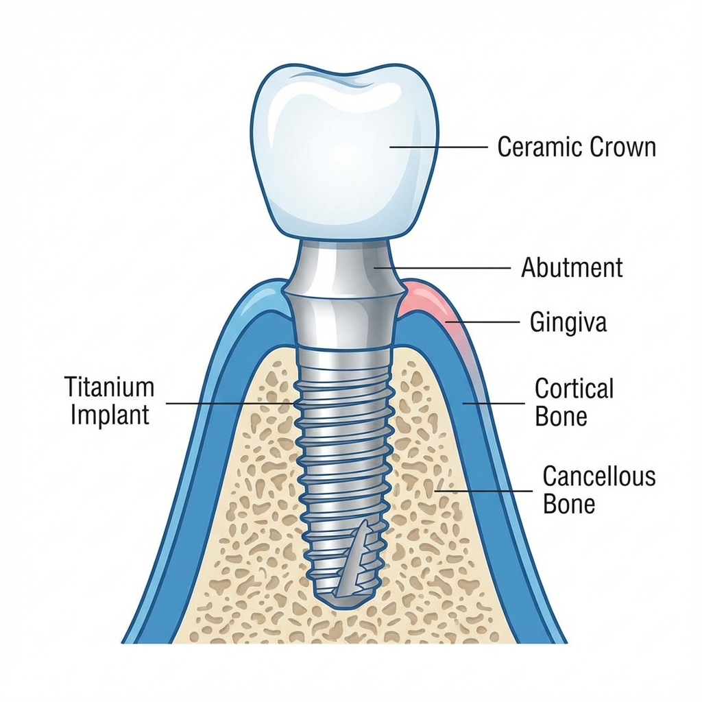 Dental implant diagram showing titanium post and crown